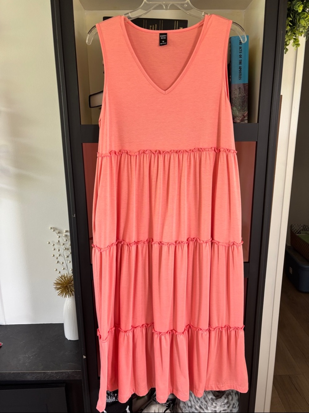 Coral V-Neck Tiered Maxi Dress